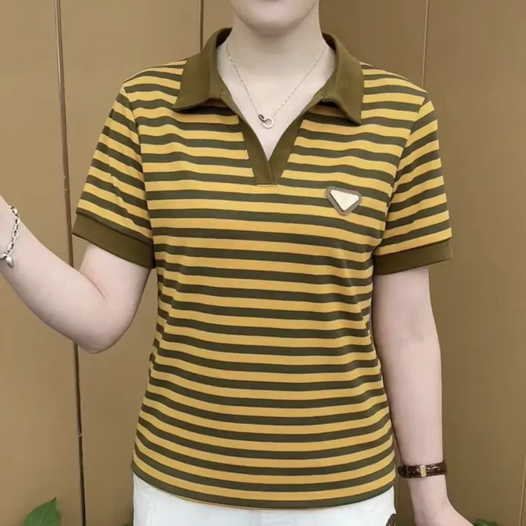 妈妈时髦上衣T恤条纹翻领大码女装夏季薄款百搭洋气时尚小衫