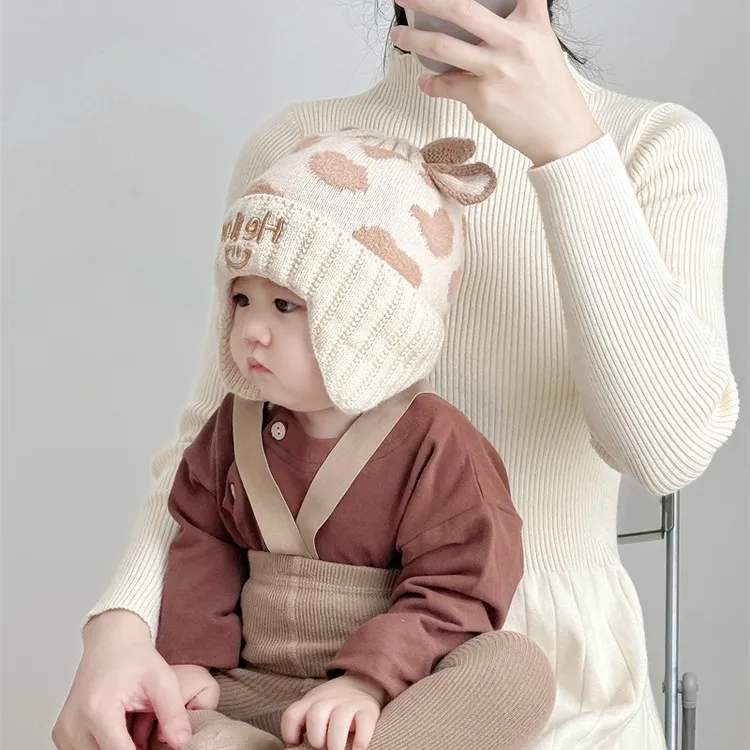 婴儿护耳帽秋冬季小牛角系带保暖帽子婴幼儿宝宝套头针织帽