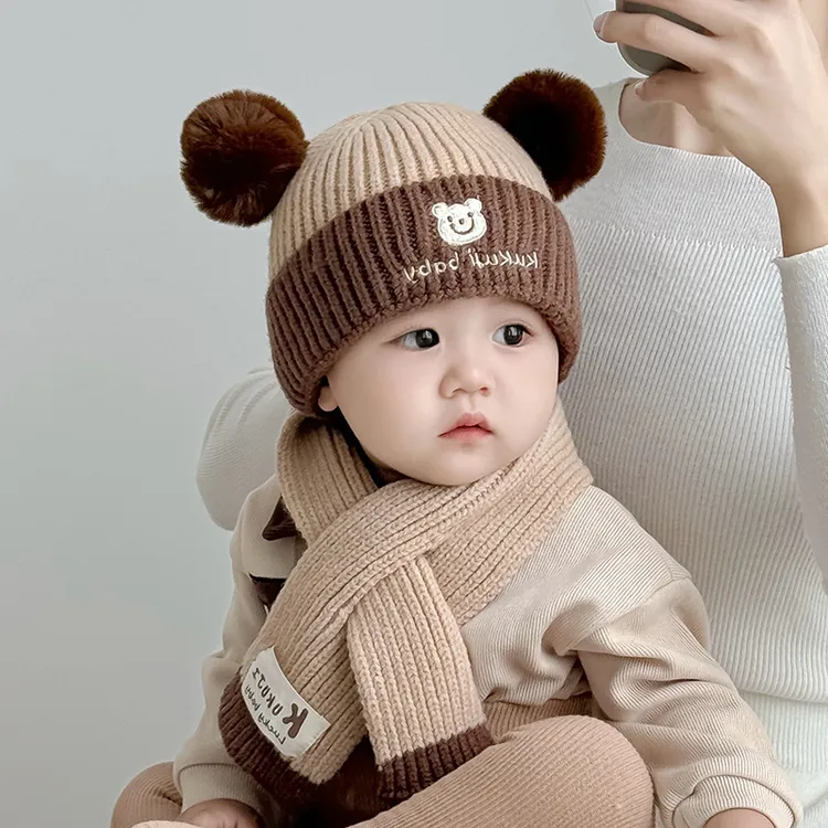 新款宝宝帽子围巾两件套可爱超萌小熊毛线帽秋冬季婴儿保暖防风帽