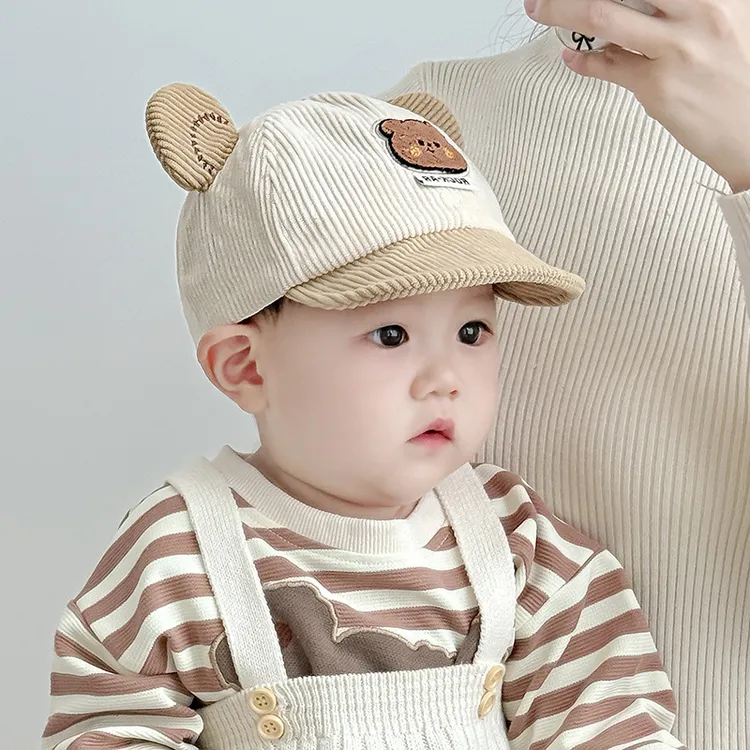 宝宝鸭舌帽秋冬季韩版男女童可爱小熊保暖灯芯绒婴幼儿软檐儿童帽