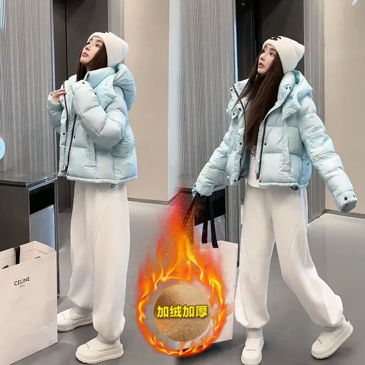 超好看冬季洋气时尚连帽宽松加厚韩版卫衣短款棉服百搭加绒套装女