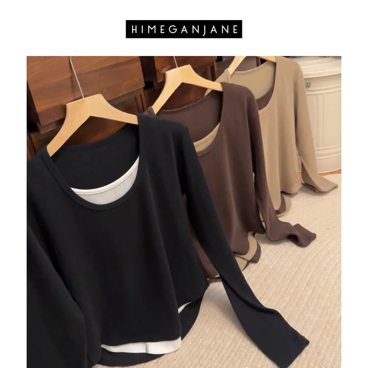  HIMEGANJANE 进口德绒撞色假两件上衣长袖轻暖百搭23308