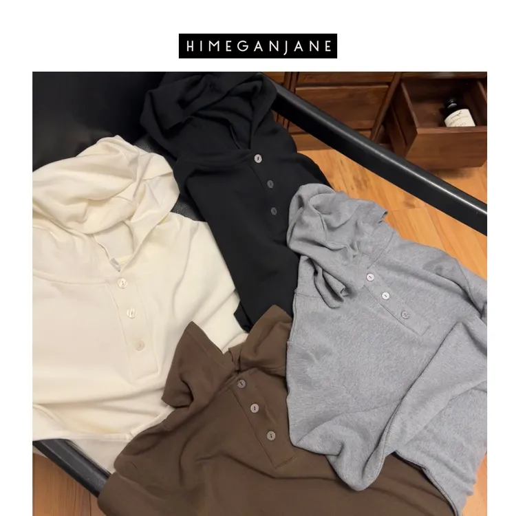  HIMEGANJANE “小云朵”设计感螺纹坑条加绒连帽休闲百搭帽衫62361