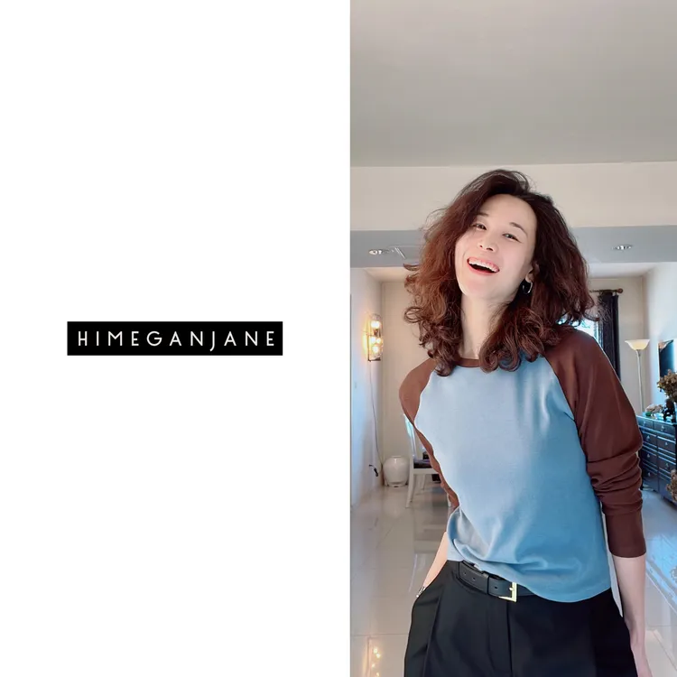 HIMEGANJANE”进口德绒“软糯Q弹拼色长袖插肩袖 螺纹肌理女长袖T恤