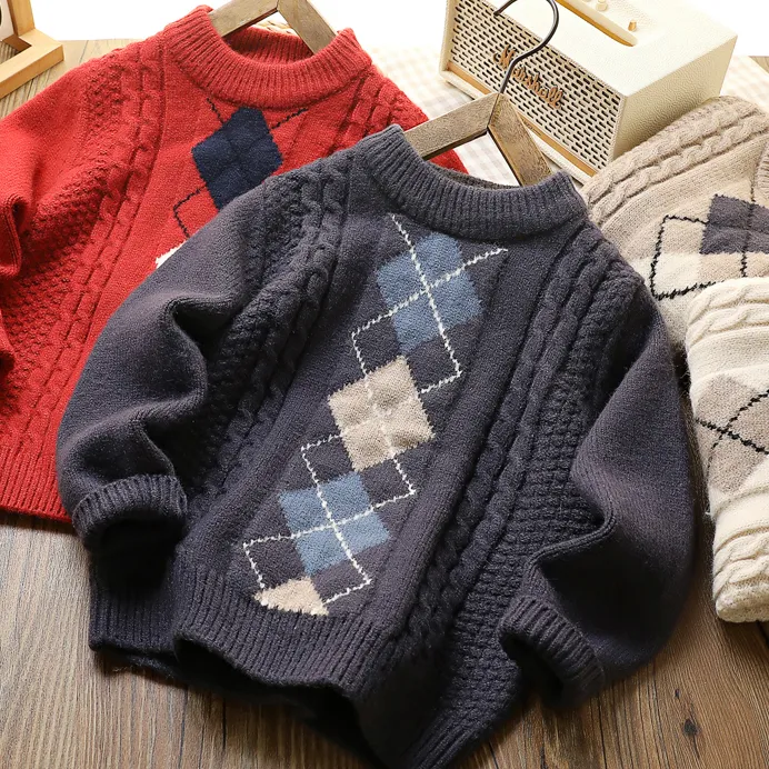 儿童毛衣秋冬季亲子装菱形格童装男童提花圆领套头中大童半高领潮