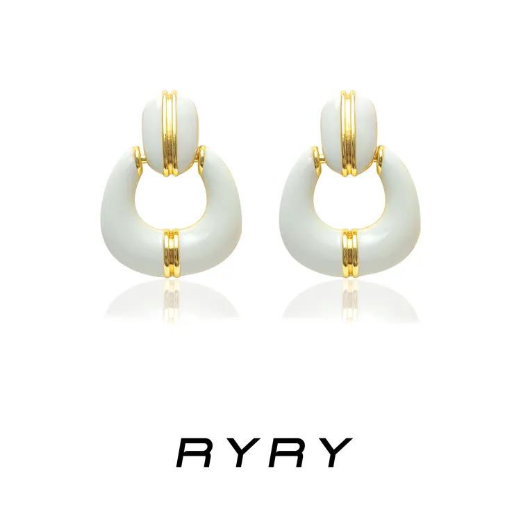 RYRY 铜合金耳饰 气质白色百搭复古时尚轻奢珐琅彩滴釉几何耳钉