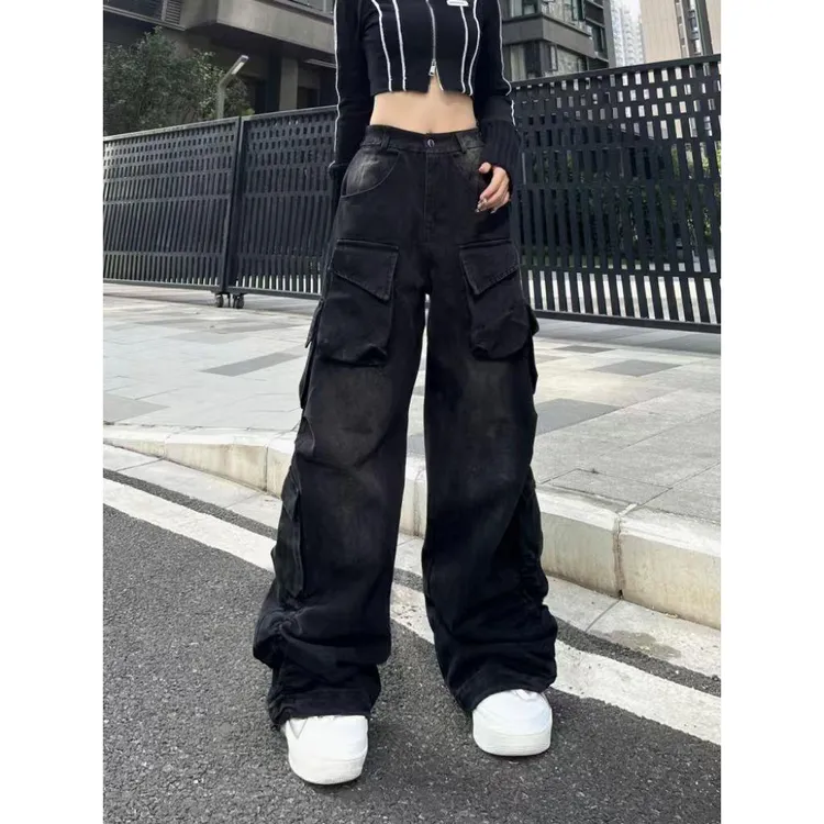 美式高街潮牌街舞爵士洗水牛仔裤女高腰阔腿街头嘻哈口袋工装裤子
