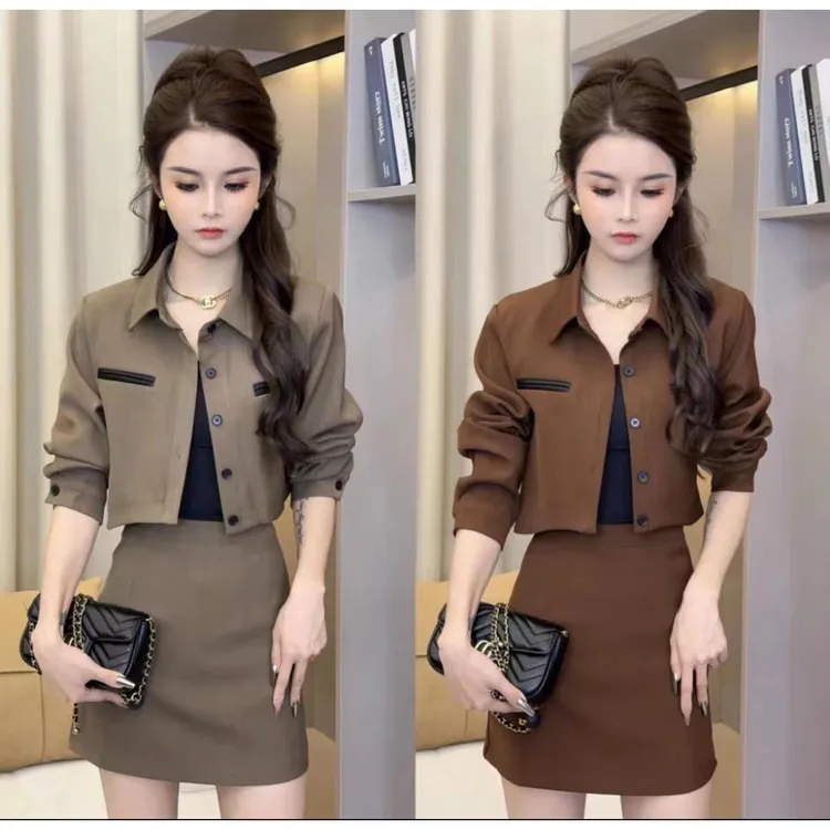 韩版时尚御姐西装套装女2025春秋短款西服衬衫+半身短裙裤两件套