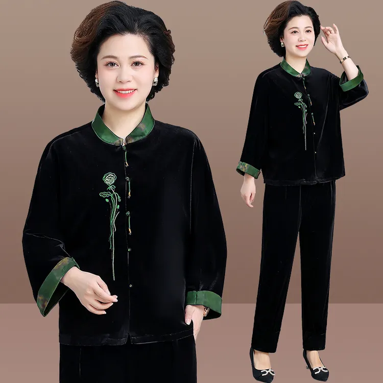 中年妈妈秋装套装新中式两件套中老年女装春秋外套金丝绒新款上衣