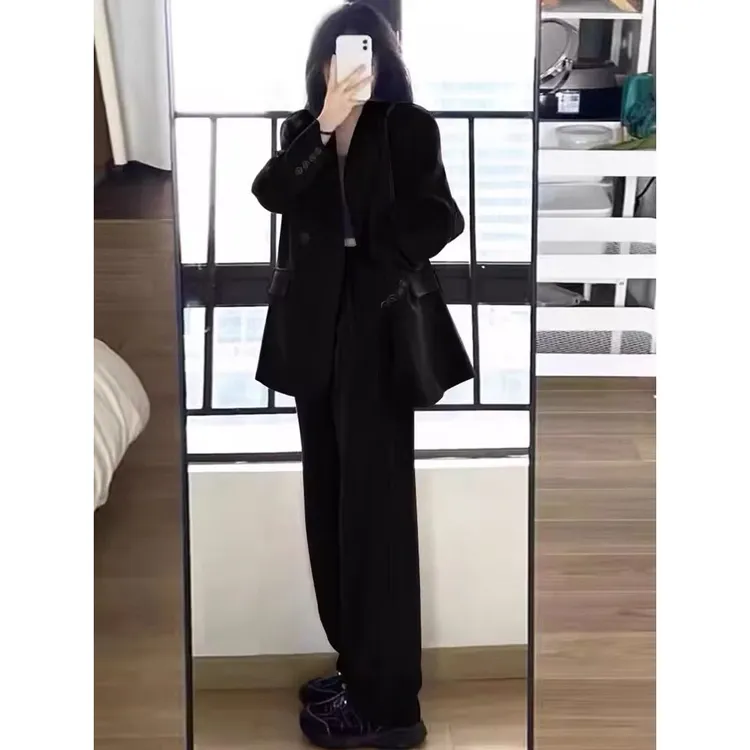 黑色西装套女高级感气质百搭款小个子休闲西服外套阔腿裤两件套装