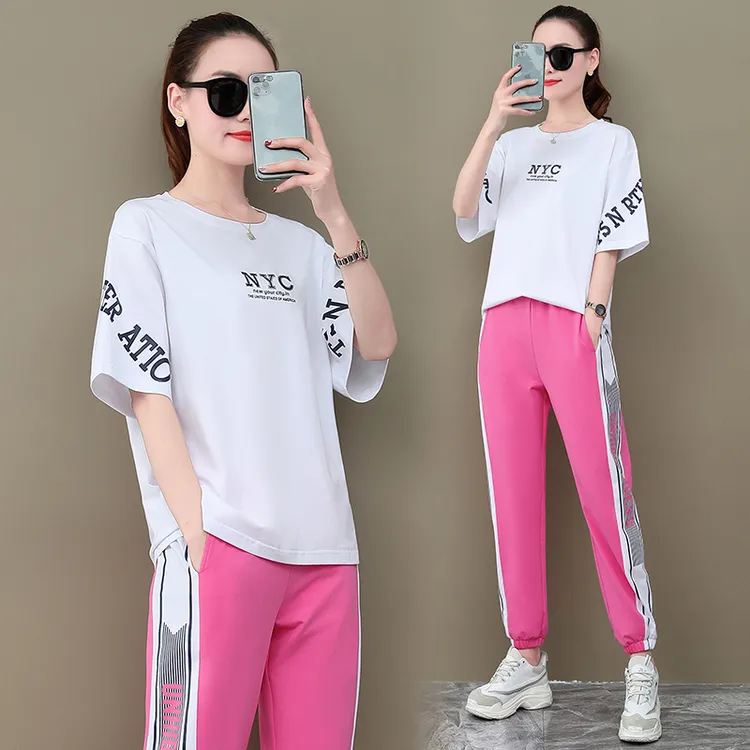 运动套装夏装女时尚新款薄款短袖长裤休闲两件套蓝色夏天&2043