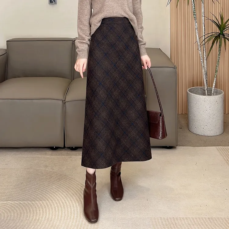 格纹羊毛呢半身裙冬季高腰格子裙休闲气质显瘦a字长裙 2557