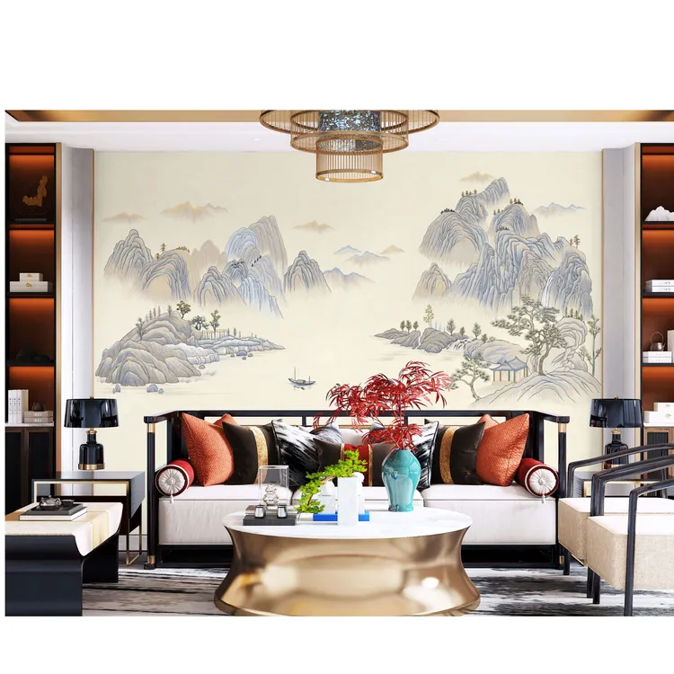 悠然山居彩金版新中式山水系列背景墙尺寸适合客厅沙发电视墙