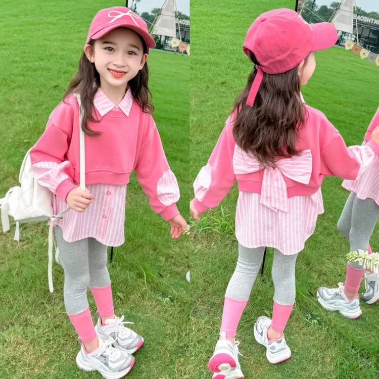 女童洋气秋装套装2025新款儿童韩版长袖衬衫卫衣加打底裤两件套