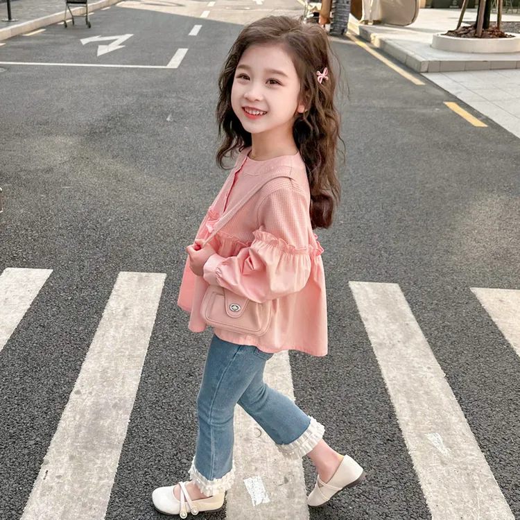 女童洋气娃娃衫2025春装新款碎花长袖衬衫牛仔裤两件套时尚套装