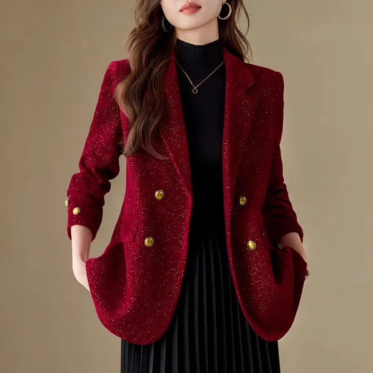 红色小香风西装外套女秋冬2025新款高级感小个子休闲西服冬季上衣
