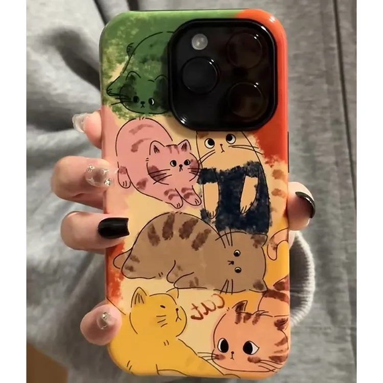 卡通彩色猫咪适用苹果16ProMax手机壳iPhone15/14二合一菲林壳13