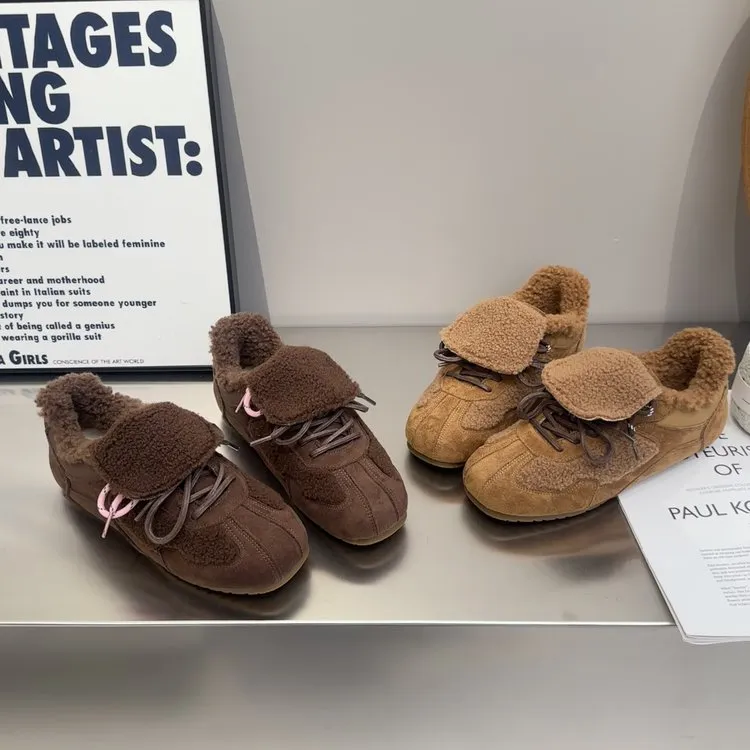 复古毛毛翻盖加绒德训鞋女2024冬季新款百搭保暖休闲鞋