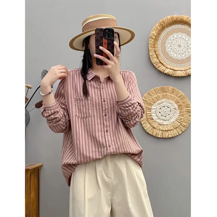 春季新款复古长袖衬衫女全棉休闲棉纱上衣宽松显瘦时尚百搭衬衣