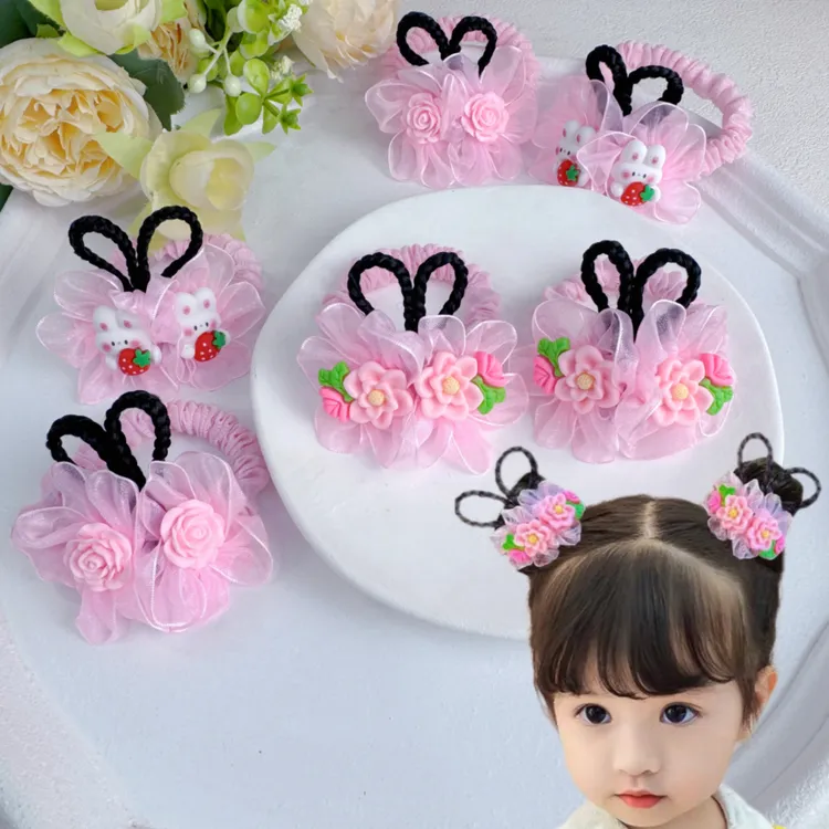 古风假发辫子头花朵发饰儿童汉服头饰中国风女童古装发圈皮筋女孩