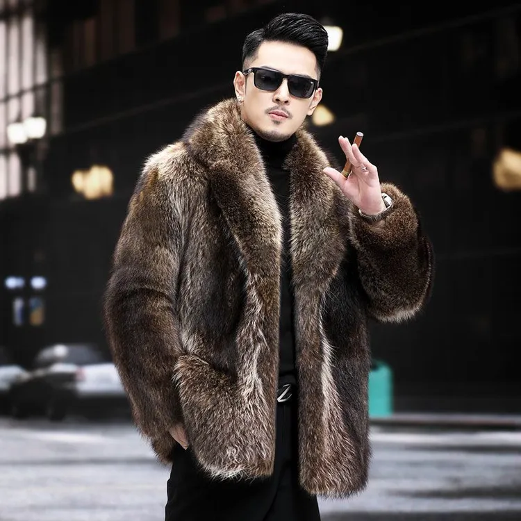 海宁2024冬新款皮毛一体渔貂大衣男中长款西装领加厚保暖外套大码