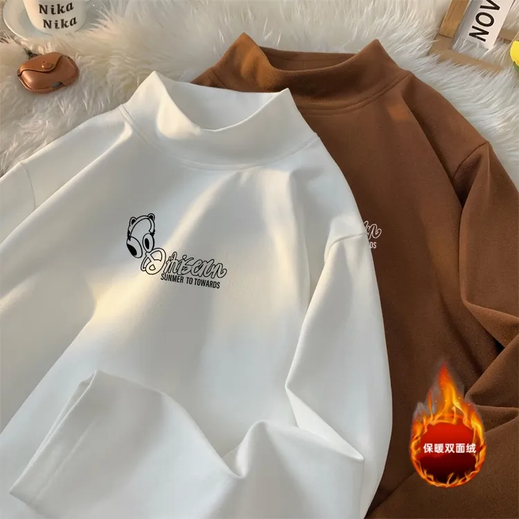 霄桂姿双面绒保暖打底衫男秋冬季大码长袖T恤半高领大码圆领内搭