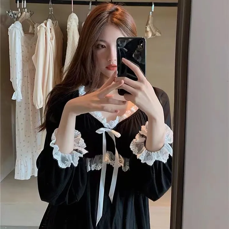 新款睡衣女ins春秋网红纯欲风黑色性感蕾丝大码带胸垫家居服套装