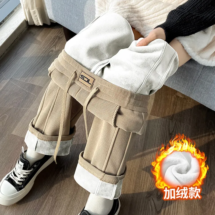 雪尼尔阔腿裤女秋冬季2025新款加绒加厚窄版直筒休闲灯芯条绒裤子