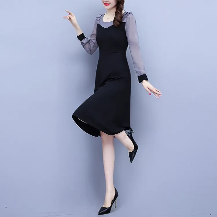 洋气法式新款小黑裙2025新款秋装女时尚拼接收腰显瘦连衣裙