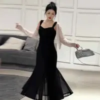 Y【棠棠】【两件套】夏新款显瘦外搭开叉吊带法式时尚收腰连衣裙1465