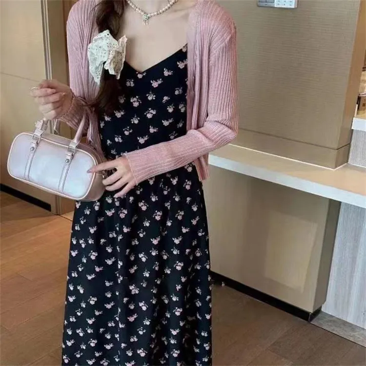 【两件套】夏季新款温柔风气质防晒开衫碎花吊带连衣裙女装套装6934