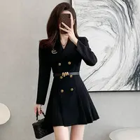 【TW】赫本风黑色西装连衣裙2025新气质小个子西服修身百褶裙子1875