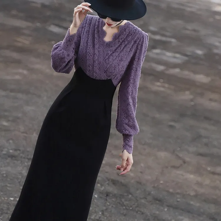 2025春秋新款气质显瘦假两件裙子蕾丝拼接包臀女装时尚连衣裙2661