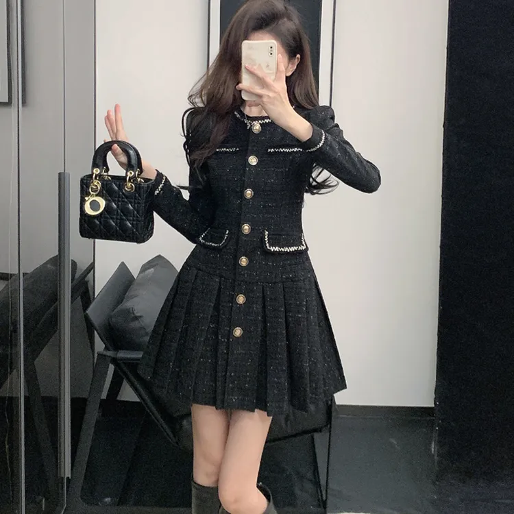 法式小香风黑色连衣裙新款女装高级感气质名媛收腰显瘦裙子A8060