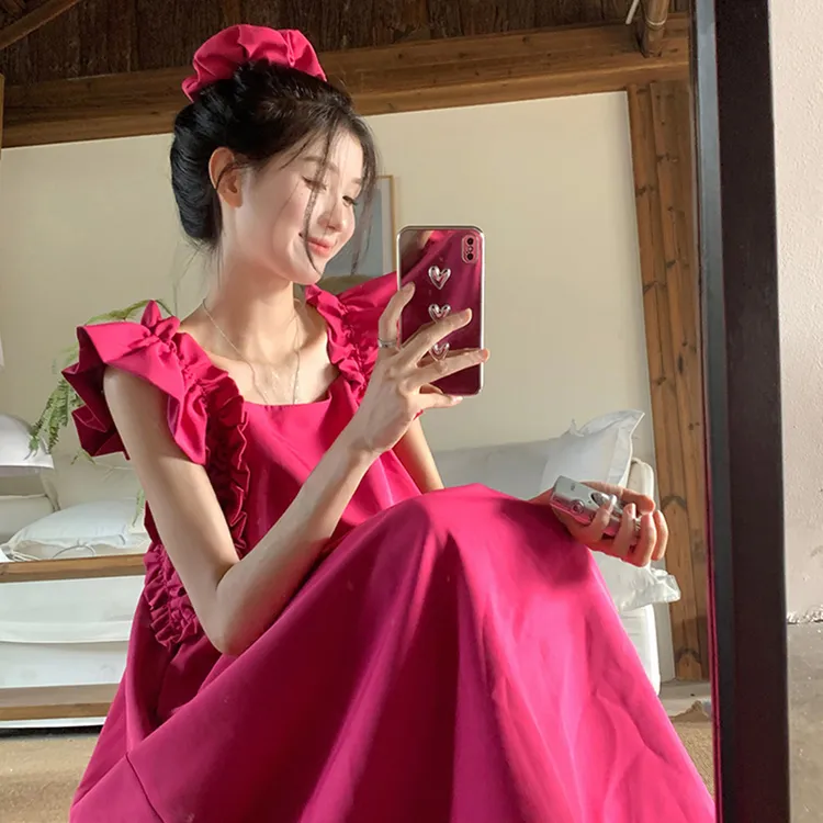 【送手花】火龙果色背带夏季2025新款法式方领显瘦木耳边连衣裙1455