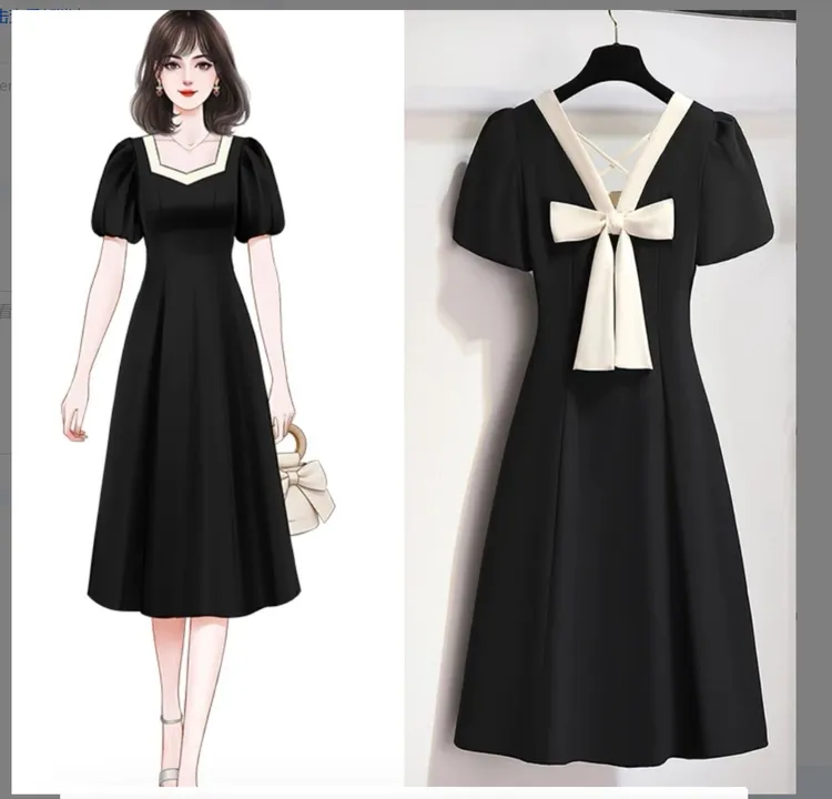 方领连衣裙夏季赫本风高级感2025新款气质法式方领收腰小黑裙7019