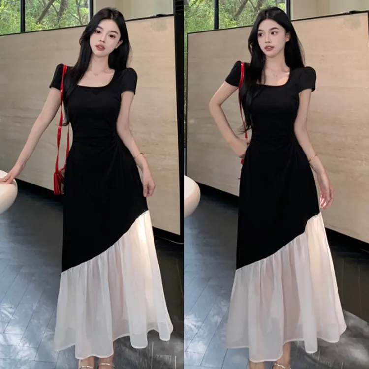 法式短袖连衣裙女夏季收腰显瘦拼接长裙微胖MM赫本风撞色裙子1555
