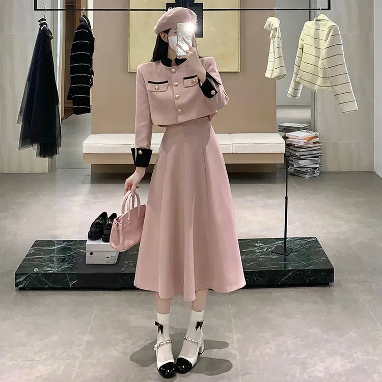 【芭比适】法式粉色小香风新款外套半身裙子时尚两件套装女装7789