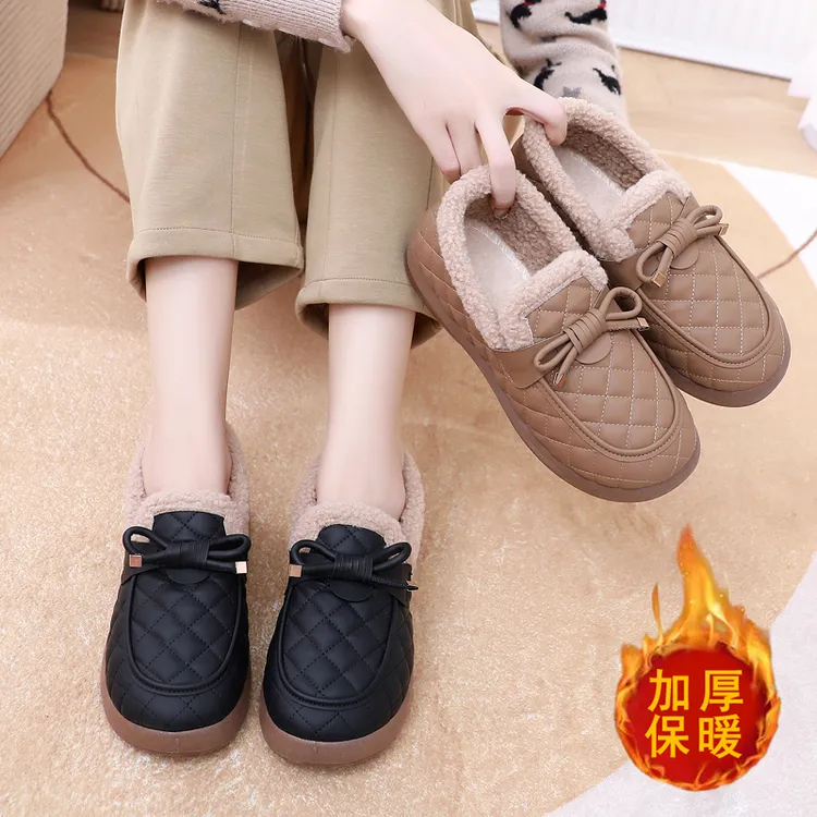 冬季加绒加厚保暖休闲妈妈鞋外穿毛毛鞋懒人黑色工作豆豆鞋棉鞋女
