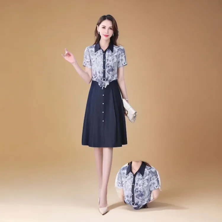 A31#蓝【木兮兮专属】2024年夏季新款气质修身显瘦假两件印花连衣裙