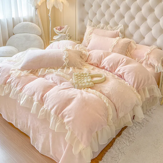 冬季粉色加绒加厚四件套公主风双面珊瑚牛奶绒三件套被套床单少女