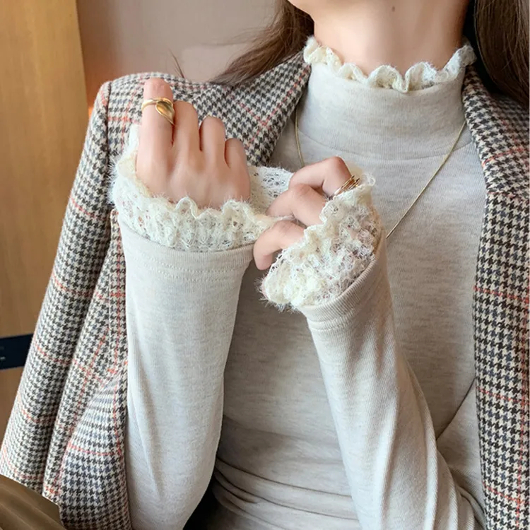 醉梓菡蕾丝拼接半高领打底衫女秋冬螺纹修身花边针织衫内搭上衣