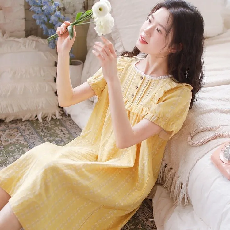 睡裙女夏纯棉薄款夏季大码宽松可外穿网红高档夏天睡衣连衣裙