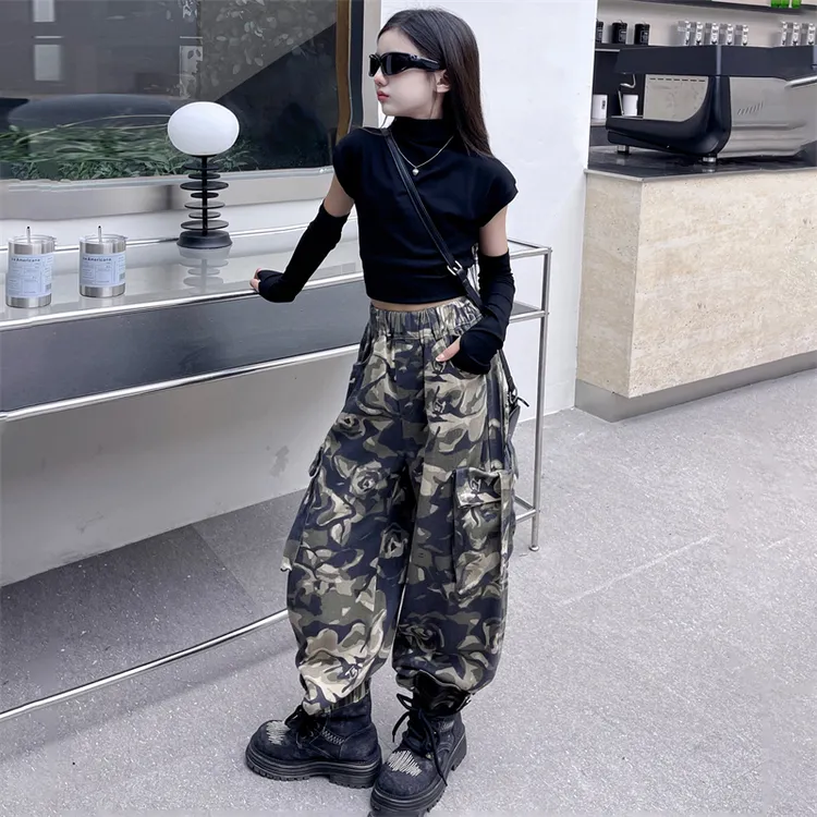 女童迷彩工装裤春秋款2024新款6-12岁15岁儿童爵士舞时尚阔腿裤潮