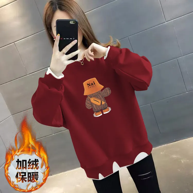 安可拉红色新款加绒加厚卫衣保暖女卫衣显瘦减龄假两件休闲上衣潮