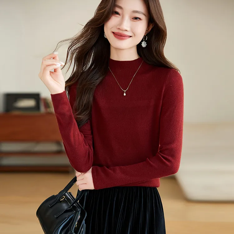 品牌秋冬新款时尚百搭羊毛女半高领纯色点子纱长袖内搭打底针织衫