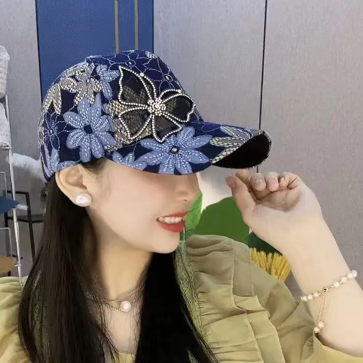 夏天蕾丝薄款夏季女透气防晒水钻蝴蝶棒球帽街头时尚百搭潮鸭舌帽
