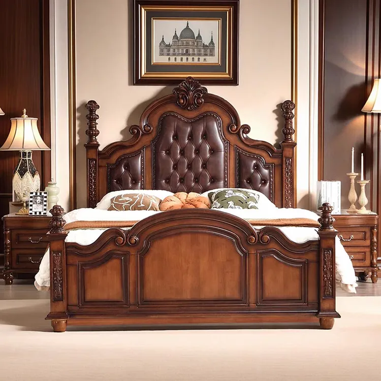实木榫卯床美式复古雕花实木真皮大床智能储物1.8x2米主卧室大床