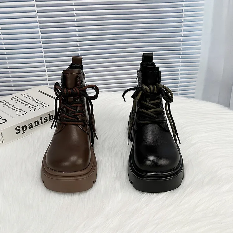 真皮马丁靴女秋冬靴子2024年英伦风厚底短筒靴系带加绒保暖棉鞋冬