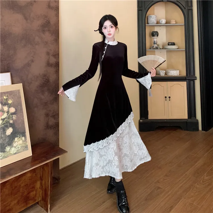 大码新中式改良版旗袍裙子2025春秋季新款胖mm蕾丝拼接显瘦长裙女